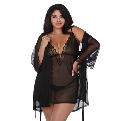 Set aus Chemise und Morgenmantel aus Stretch-Mesh – 3X