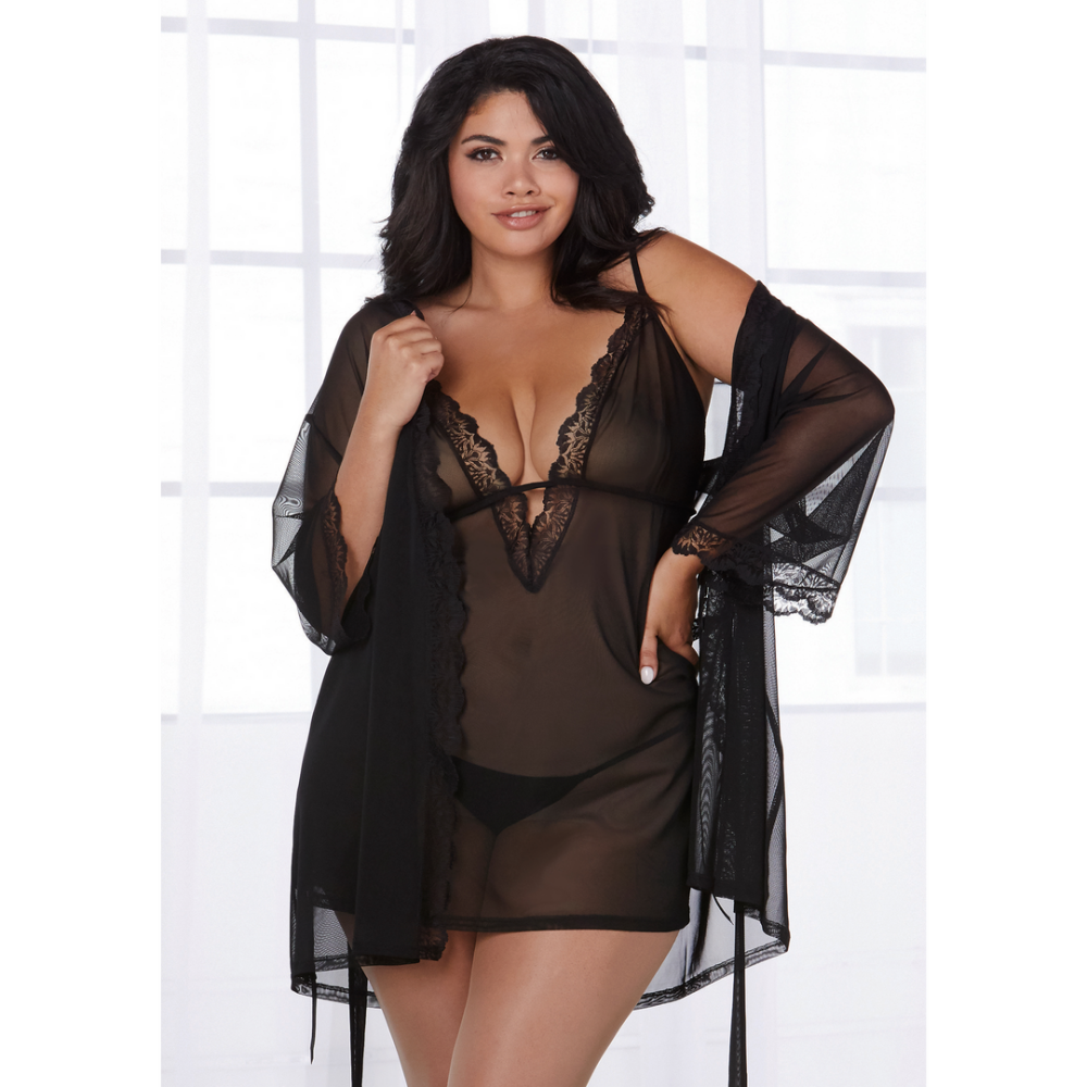 Set aus Chemise und Morgenmantel aus Stretch-Mesh – 3X