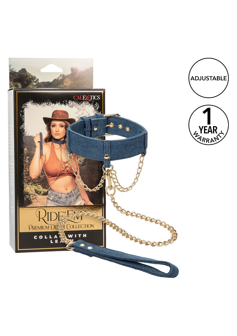 CalExotics Ride 'em Premium Denim Collection Collar with Leash