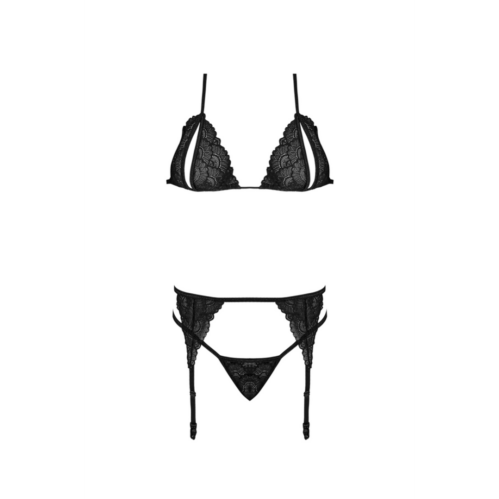 Peek-a-Boo Bra, Garter and G-String Set - 2X - Black