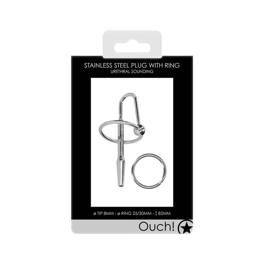 Stainless Steel Penis Plug with Glans Ring - 0.3 / 8 mm