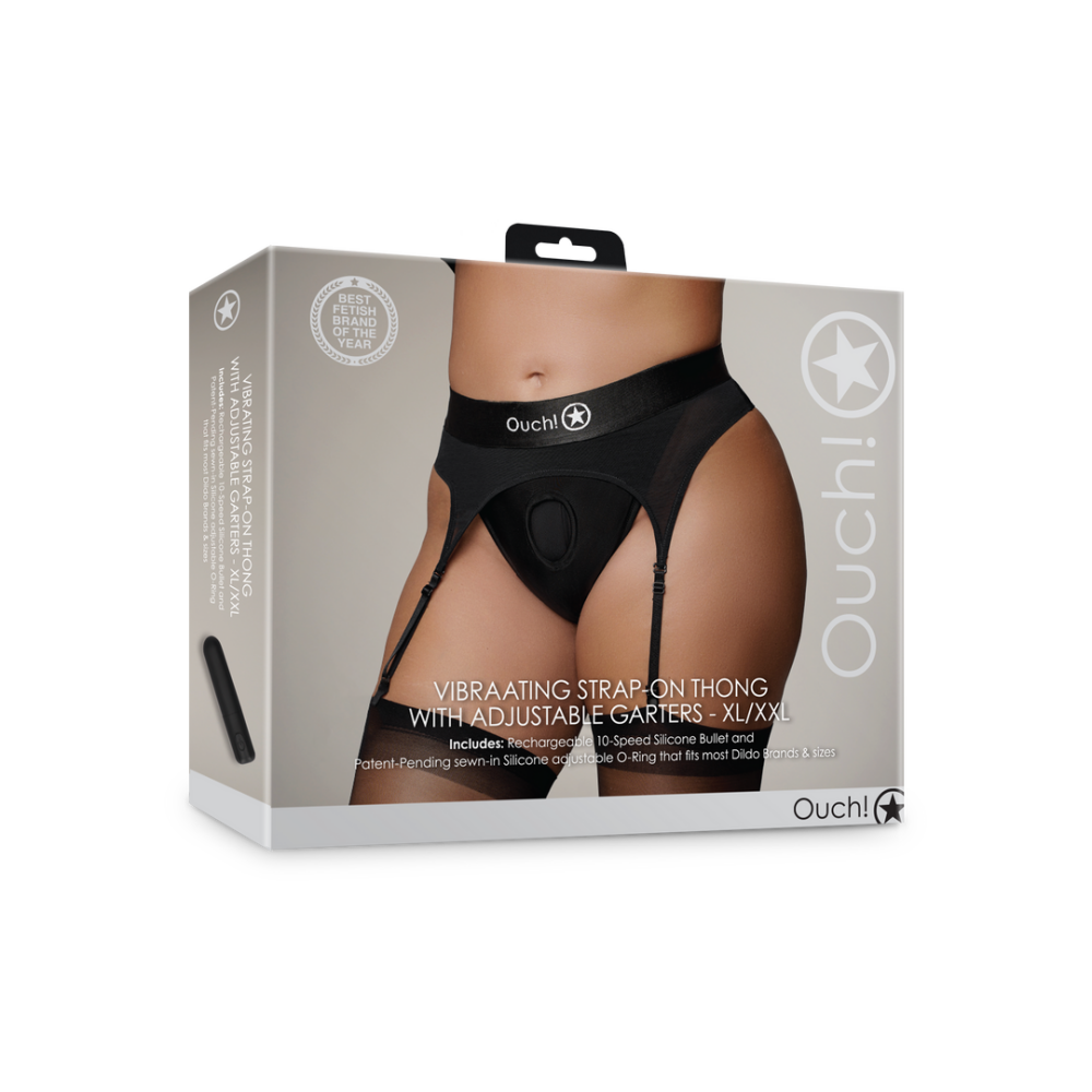 Vibrating Strap-on Thong with Adjustable Garters - XL/XXL - Black