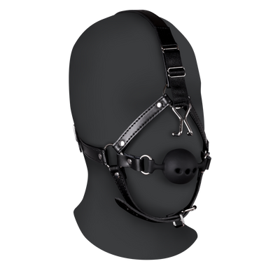 Head Harness with Breathable Ball Gag and Nose Hooks - Black